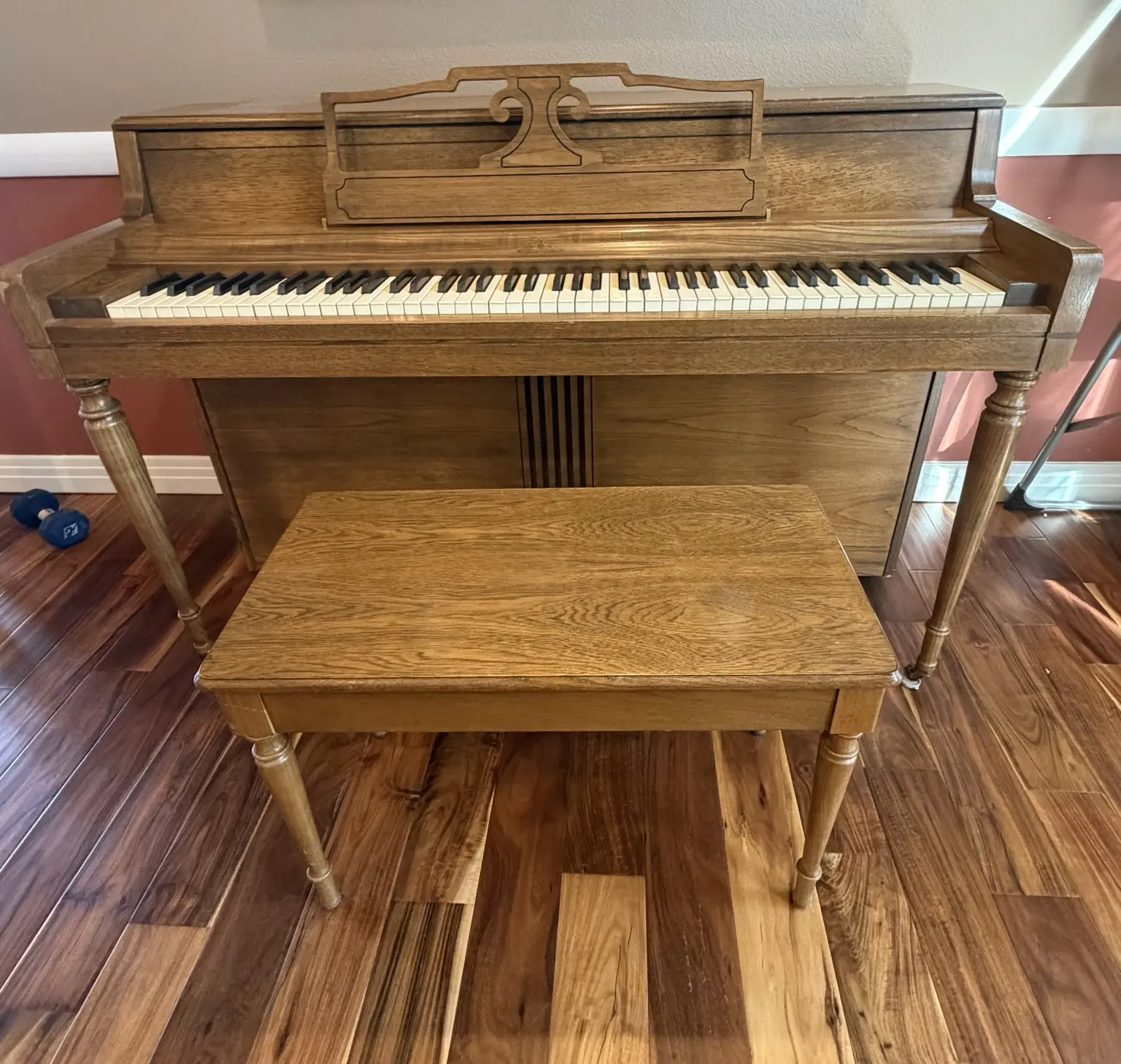 Wood upright piano and matching bench reviewed for removal by JunkPDX
