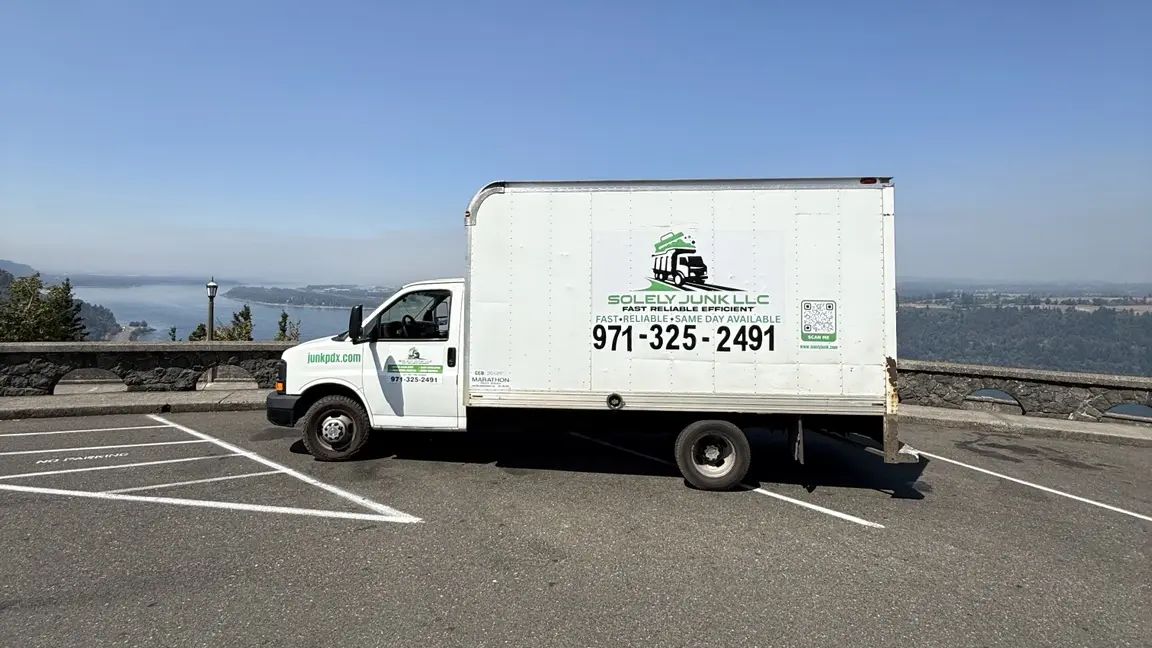 The real Solely Junk and JunkPDX branded 14-foot box truck